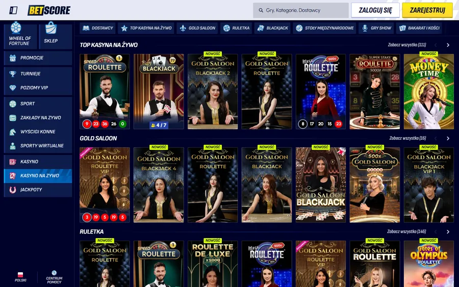 BetScore kasyno na żywo – lobby ze stołami ruletki, blackjacka i gier show